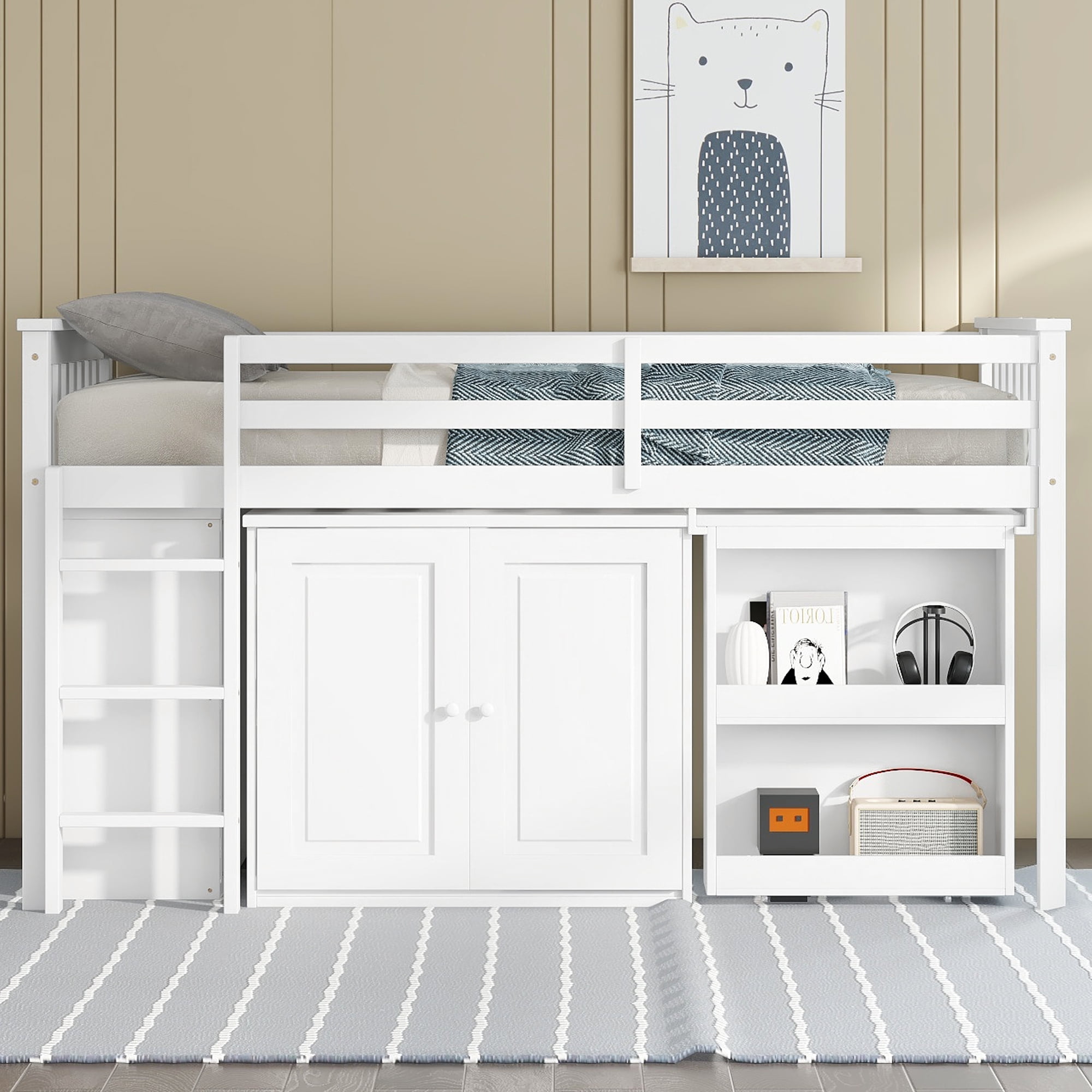 Euroco Wood Twin Size Loft Bed with Drawers and Cabinets, Pulling Out Desk and Shelves, White