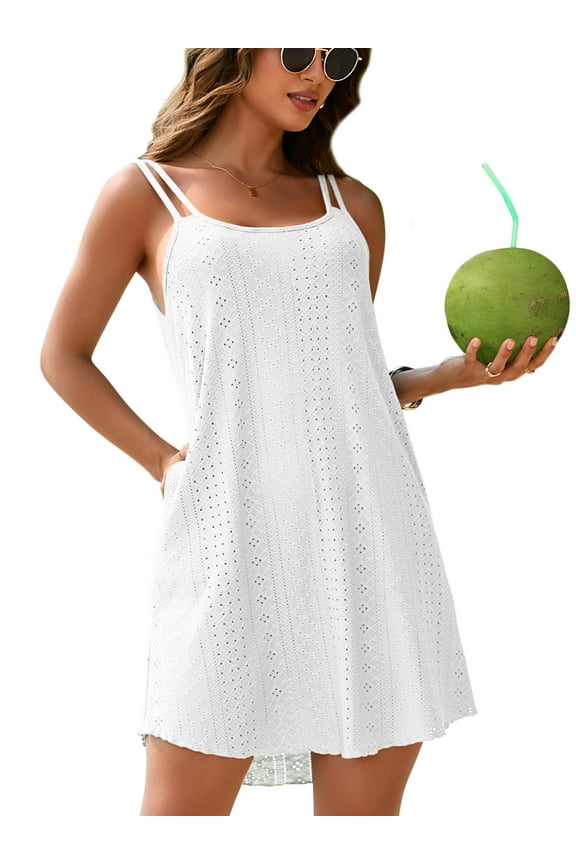 Bikini Coverup Dress for Womens Casual Spaghetti Straps Low Back Cover ups Casual Summer Beach Dress with Pockets