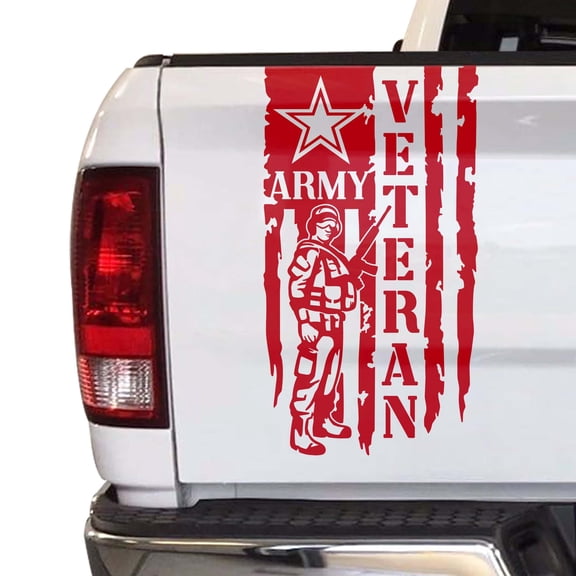 Veteran Army Retired Soldier Distressed American USA US Flag Truck Tailgate Vinyl Decal Compatible with Most Pickup Trucks U.S. Army Sticker USMC USAF US Navy Decal (11" x 20", Red)