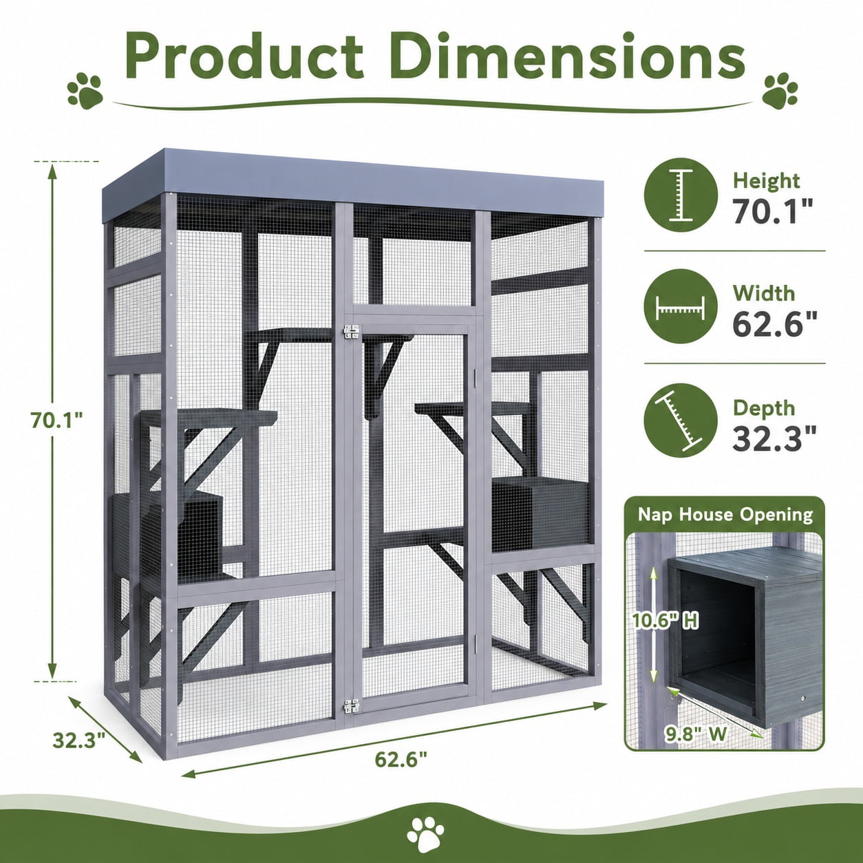 Aukfa 70"H Wooden Outdoor Cat Catio with Waterproof Roof, Large Cat Enclosure for Multiple Cats,Gray