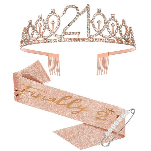 21st Birthday Sash and Tiara - Rose Gold Birthday Girl Sash Tiara for Women Rose Gold Tiara and Sash Set