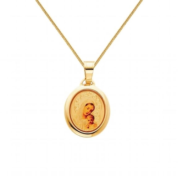 Precious Stars 14K Yellow Solid Gold and Enamel Blessed Virgin and Baby Jesus Religious Pendant with 22" Chain Necklace