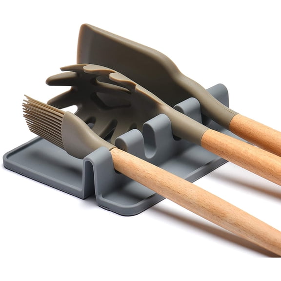 Cheer Collection Silicone Utensil Rest Gray 4 Slot Heat Resistant Spoon Holder for Kitchen Counter