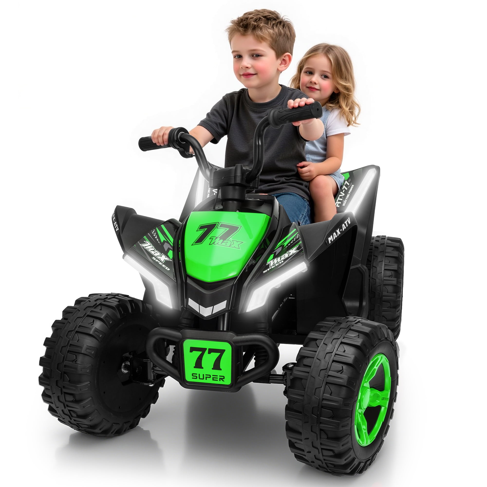 Kids ATV 4 Wheeler, Two Seater 24V Ride On Toy for Big Kid w/Unique LED Light, Music, Wireless, Story, 24 Volt Ride on Car Electric Quad for Boys Girls, Green
