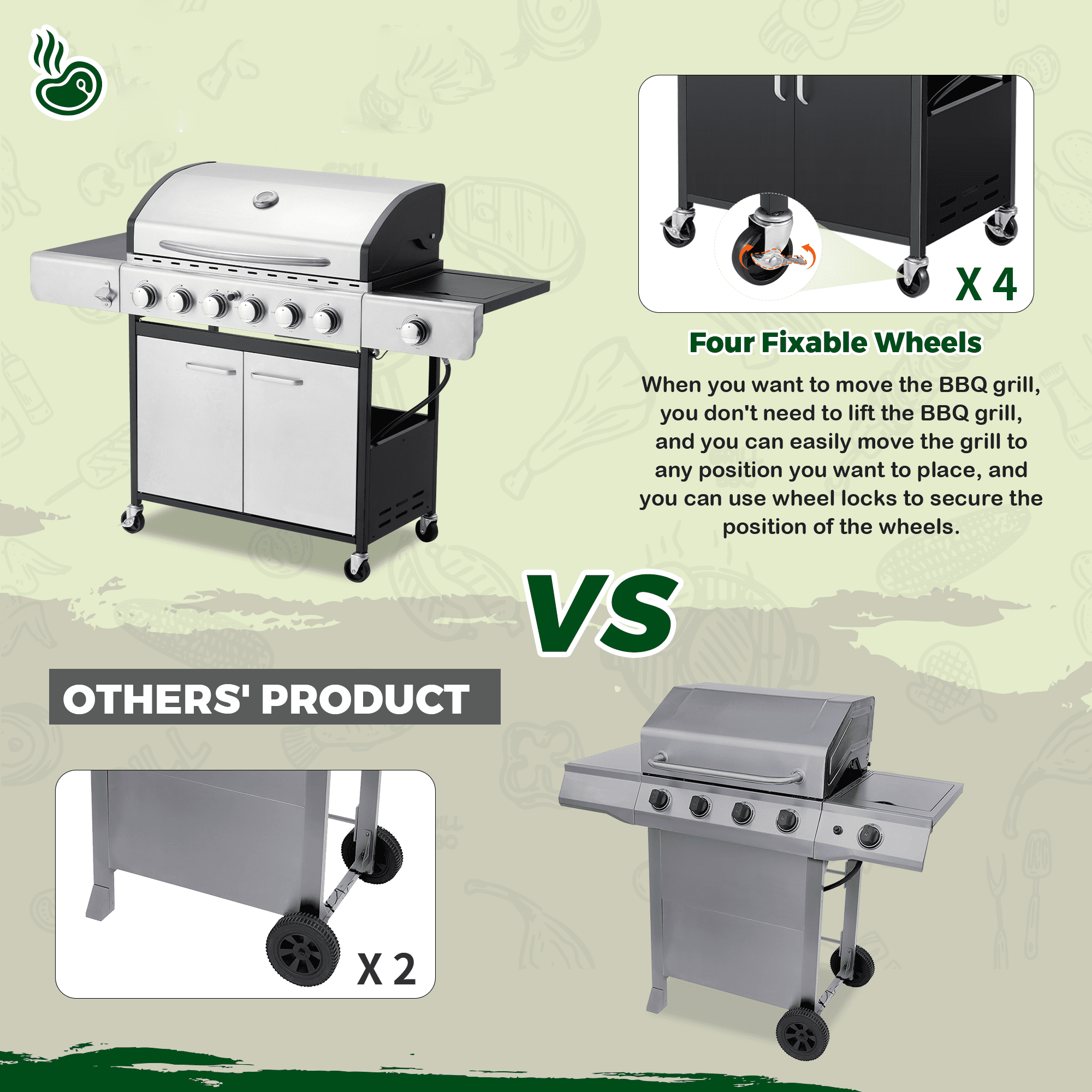 Erinnyees 6-Burner Propane Gas Grill Stainless Steel with Side Burner, Outdoor Cooking BBQ Grills Cabinet