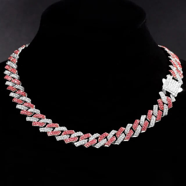 Collier Chaîne Cubain Glacé pour Femmes Hommes 14MM 2 Rangées Strass Pavé Losange Cubain Collier Coloré Bijoux Hip Hop