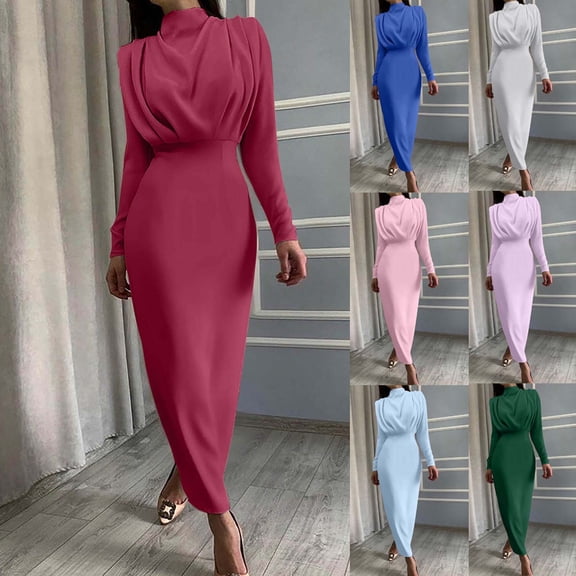 YHAJDS Women's Casual Dress,Women's Dresses Long Sleeve Dress Solid Color High Neck Slim Maxi Dress Elegant Fall Dresses for Women Formal Waist Cinched Long Dress