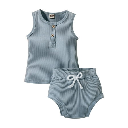 

Suanret Kids Toddler Boys 2Pcs Clothes Sets Solid Color Ribbed Tank Tops + Drawstring Elastic Waist Shorts Outfits Dusty Blue 2-3 Years