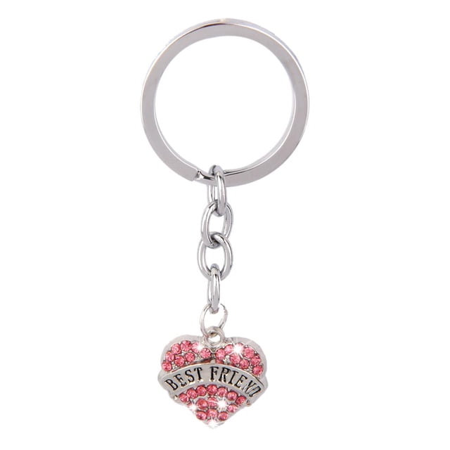 Llaveros plateados con colgante de corazón de cristal rosa y diamantes de imitación. Llavero para mejor amigo/a.