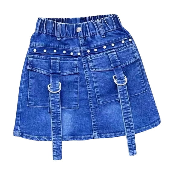 Girls Denim Skirt Blue Elastic Waist with Pockets Pearl Studs & Metal Rings Casual A-Line Skirt for Kids to Kids 3-10 Years,Size 4-5T