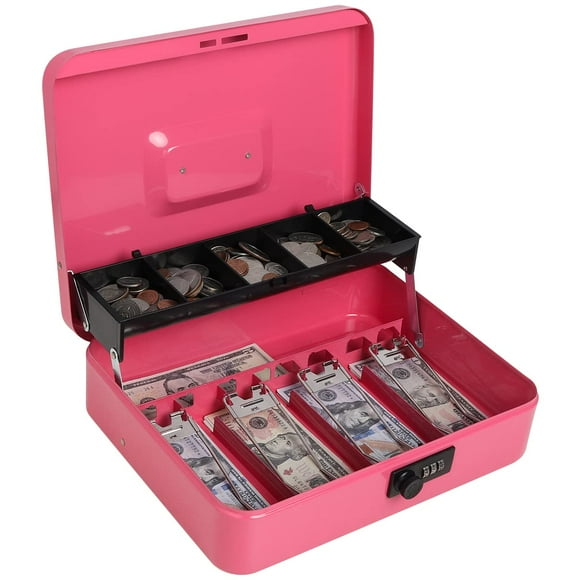 Boîte à Argent Cantilever en Métal avec Serrure à Combinaison, Grande Boîte à Argent Decaller - 5 Compartiments & 4 Clips à Ressort pour Billets, Rose, 11 4/5 Pouces x 9 2/5 Pouces x 3 1/2 Pouces