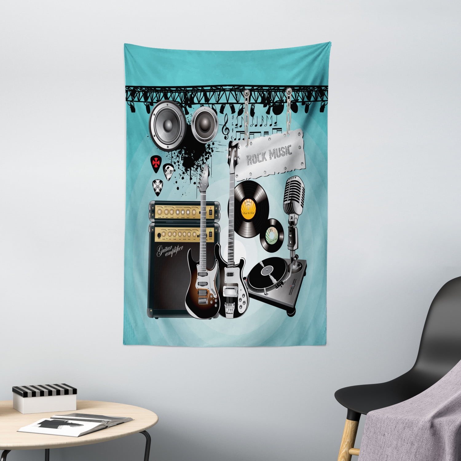Rock Music Tapestry, Concert Pattern Guitars and Records with Giant