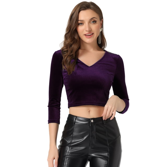 Blusa de Terciopelo Allegra K Cuello En V Manga 3/4 Mujer Púrpura XL