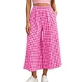 thumbnail image 2 of Costeam Womens Gingham Plaid Elastic High Waist Cropped Wide Leg Capri Pants Dual Side Inset Hand Pockets Soft Lightweight Knit Loose Fit Summer Casual Trousers, 2 of 6