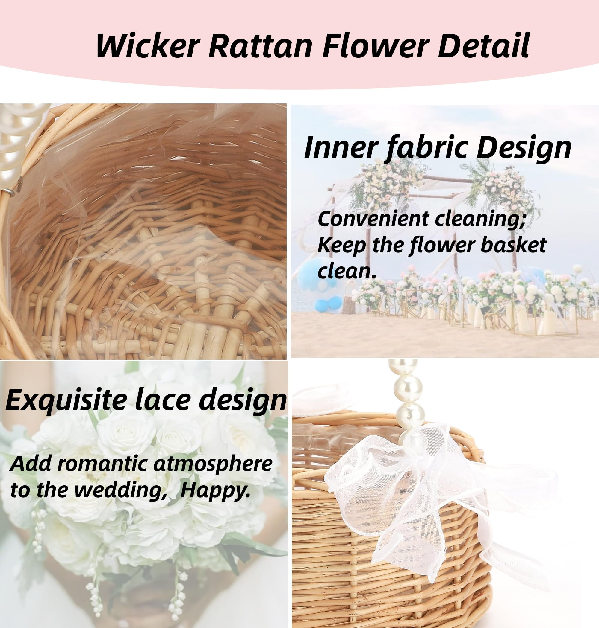2Pcs Flower Girl Basket, Wedding Flower Girl Basket with Pearl Handle and Bows Fairy Flower Basket Rattan Basket for Weddings Bridal Anniversary Party Decor