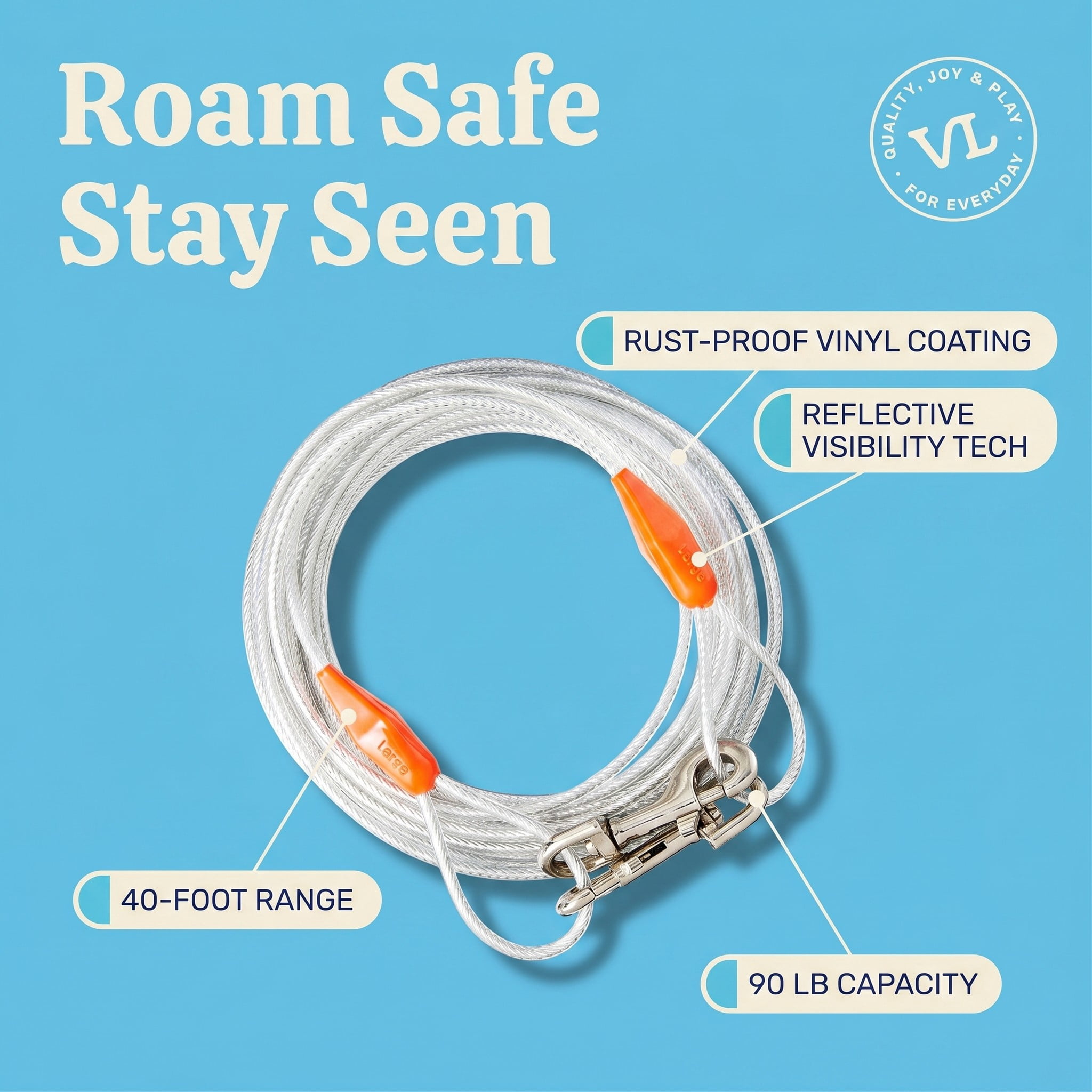 Vibrant Life Reflective Vinyl-Covered Tie-Out Cable for Dogs, L, 40'