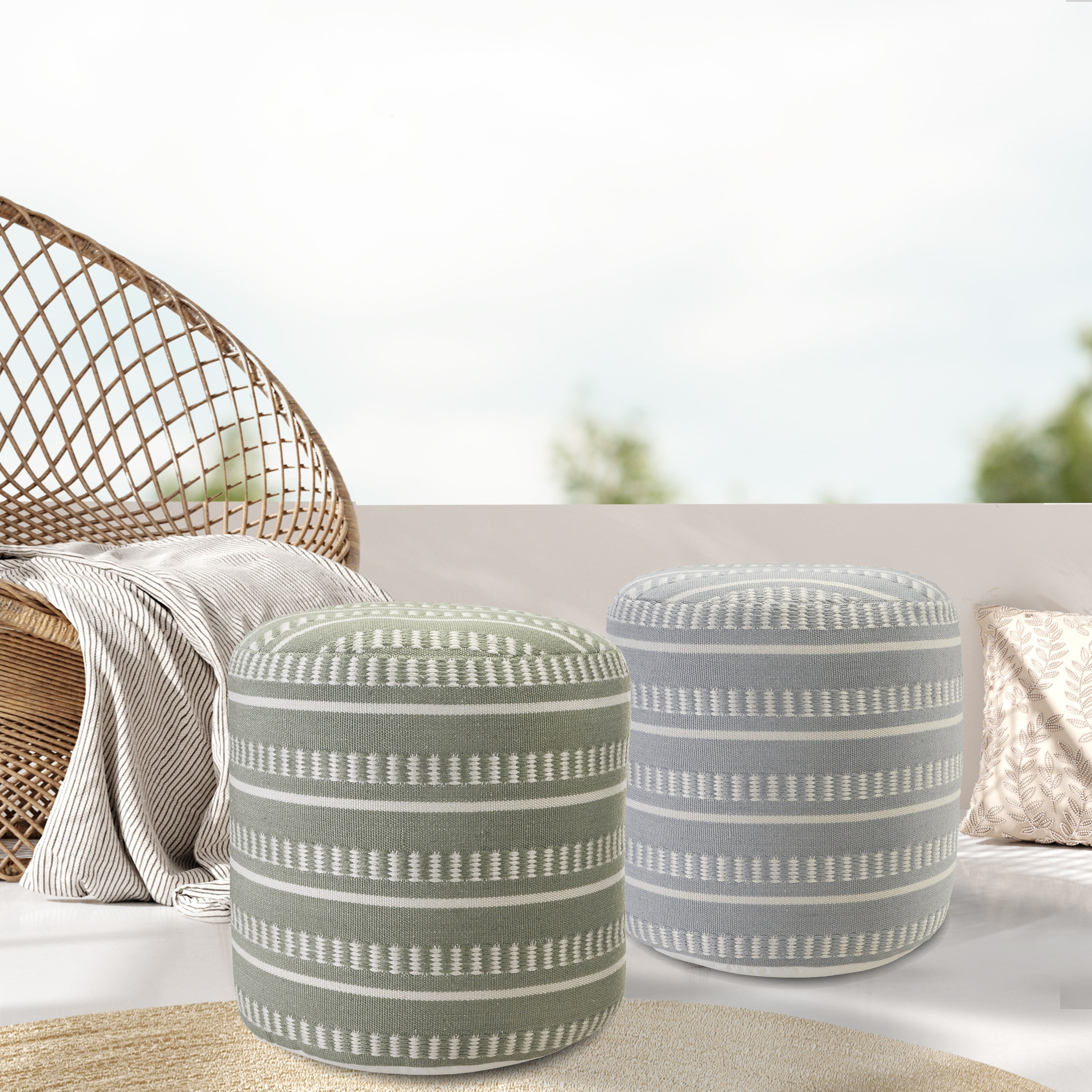 LR Home Medium Striped Indoor/Outdoor Cylinder Pouf, Sage Green/White, 20" x 20" x 20"