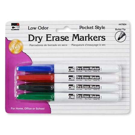 Dry Erase Bullet Tip Markers 4/Pkg-Assorted, Pk 4, Charles Leonard Inc.