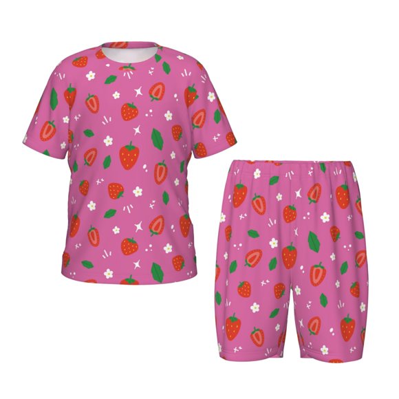 Balery Strawberry Floral Conjunto de Pijama Infantil de Manga Corta con Estampado – Ropa de Dormir de Algodón Suave-Small