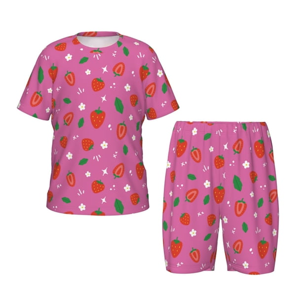 Balery Strawberry Floral Conjunto de Pijama Infantil de Manga Corta con Estampado – Ropa de Dormir de Algodón Suave-Medium