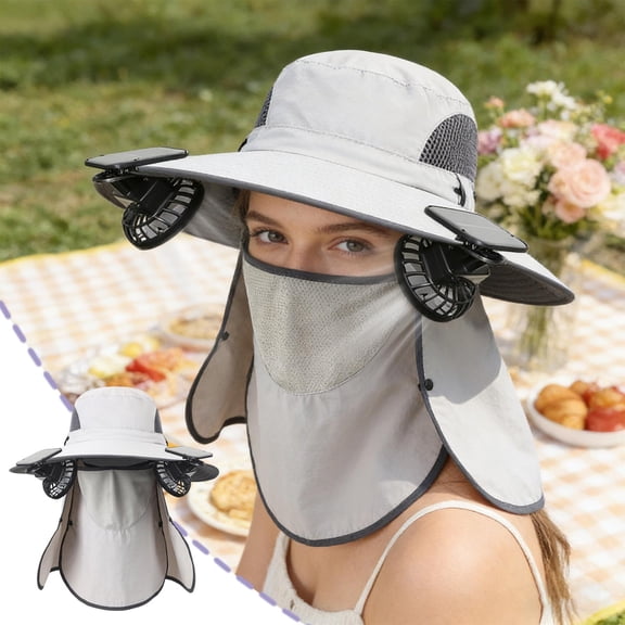 Nkmbld Solar Fan Hat with Neck Flap, Wide Brim Sun Hat with 2 Removable Usb Solar Charging Fans, Outdoor Hiking Camping Fishing Cap for Men Women