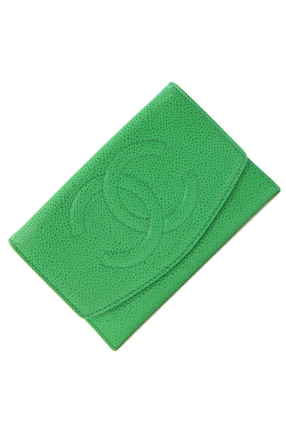 Pre-Owned Chanel Coco Mark Green Caviar Leather Bifold Wallet, Old Style, Women's, CHANEL