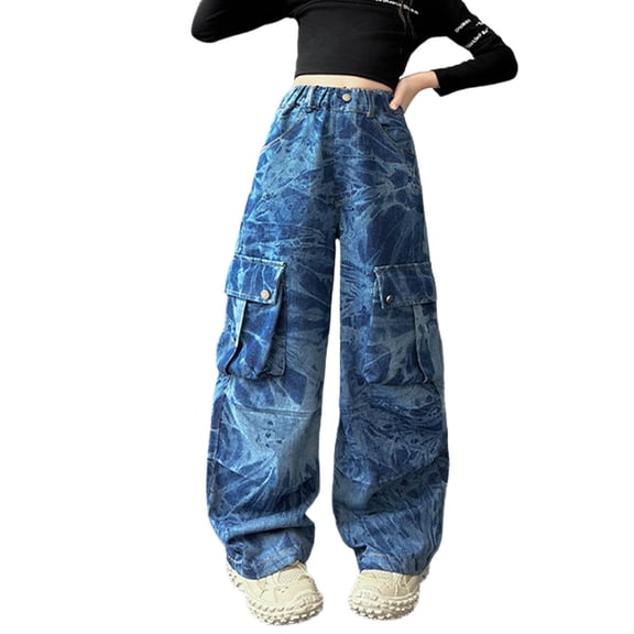 Girl's Baggy Wide Leg Jeans Button with Pocket High Waisted Straight Leg Jean Casual Fashion Y2k Cute Denim Pants Kids Clothes Blue 4-5 Years