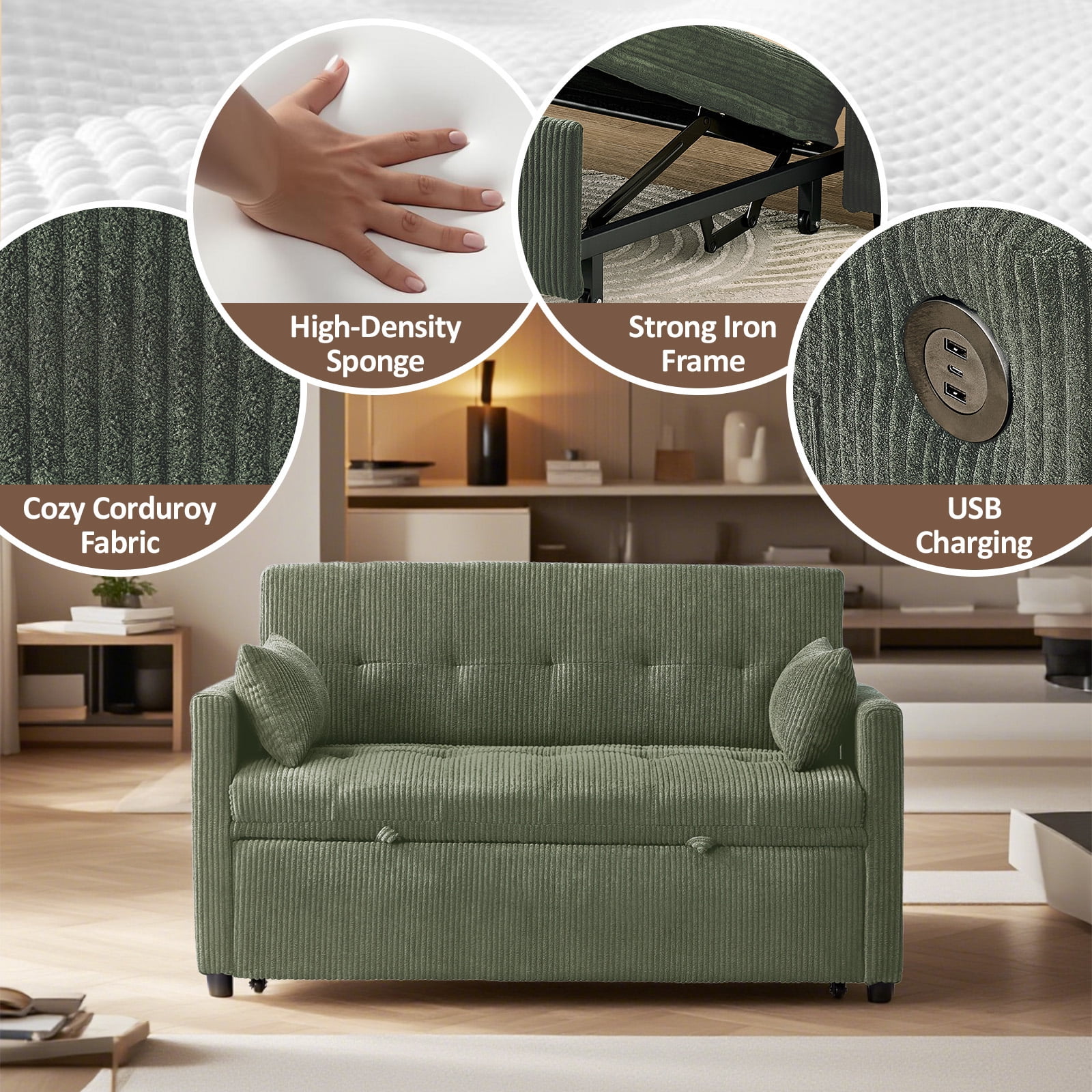 53" Corduroy 3-in-1 Convertible Loveseat Sofa Bed with Pull-Out Sleeper, Adjustable Backrest, USB & Type-C Ports, Storage Pockets, Small Space 2-Seat Couch for Living Room, Bedroom, Apartment, Green