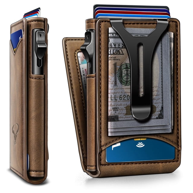 Billetera BULLIANT para hombre con clip para billetes, delgado, de piel magnética, 9 tarjetas