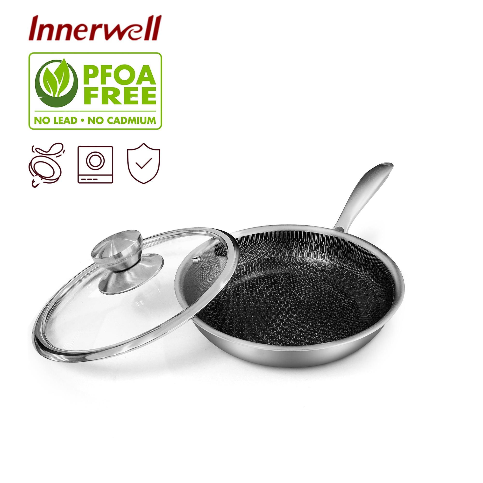 Innerwell Koekenpan 24 cm met deksel, anti-aanbaklaag en krasbestendige honingraatpan van Tri-ply roestvrij staal, pan inductie met roestvrijstalen handgreep, palavrij