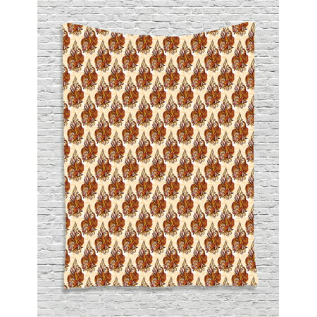 Batik Decor Tapestry, Retro Cone-Shaped Mehndi Forms Ethnic Traditional Feminine Kitsch Art Print, Wall Hanging for Bedroom Living Room Dorm Decor, 40W X 60L Inches, Orange Beige, by