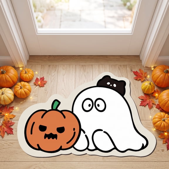 Kugisaki Halloween Plush Flocked Doormat Cute Ghost Shaped Floor Mat Non-Slip Rugs for Home Livingroom Bedroom Decor