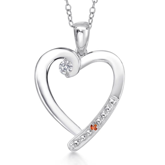 Gem Stone King 925 Sterling Silver Lab Grown Diamond and Orange Sapphire Heart Pendant Necklace for Women | 0.19 Cttw | Gemstone April Birthstone | Round 3.5MM | With 18 inch Chain