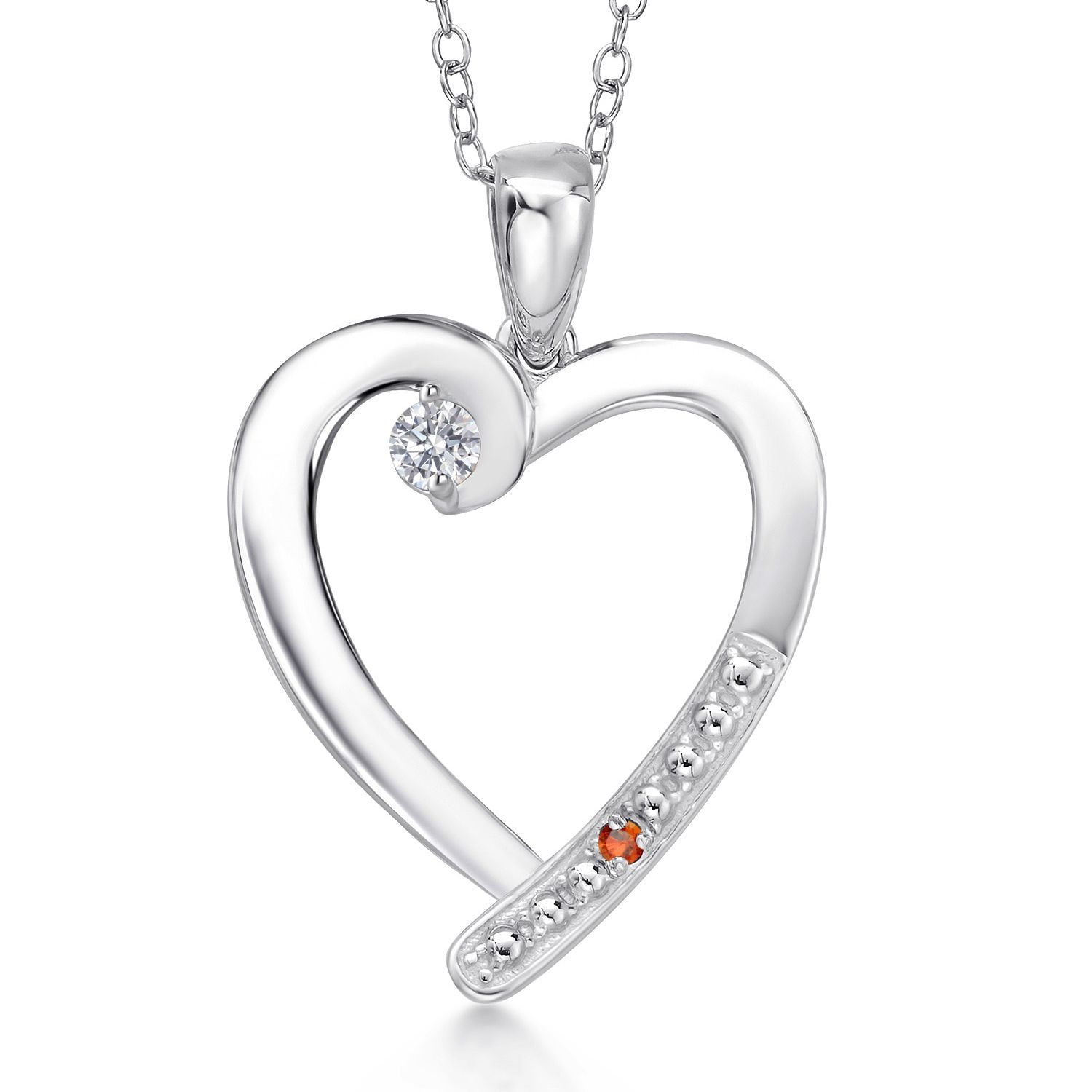 Gem Stone King 925 Sterling Silver Lab Grown Diamond and Orange Sapphire Heart Pendant Necklace for Women | 0.19 Cttw | Gemstone April Birthstone | Round 3.5MM | With 18 inch Chain