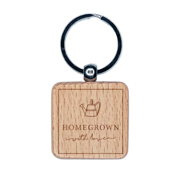 Delicate Homegrown with Love Watering Can Label Square Keychain Charm Tag - Engraved Wood