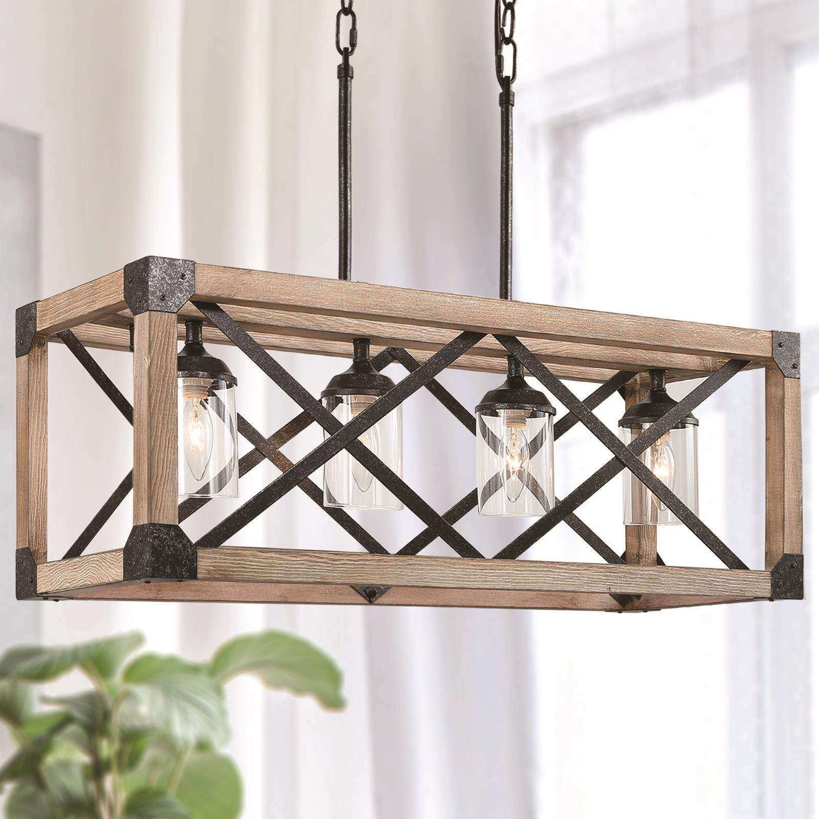 LNC 4-Light Classic Distressed Wood Rust Black Electric Square Farmhouse Chandelier