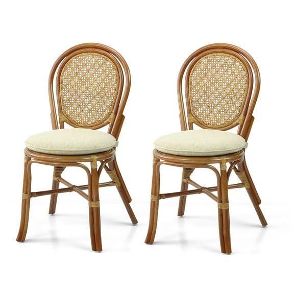 Set of 2 Denver Dining Wicker Side Chairs with Cream Cushions Handmade Rattan, Colonial