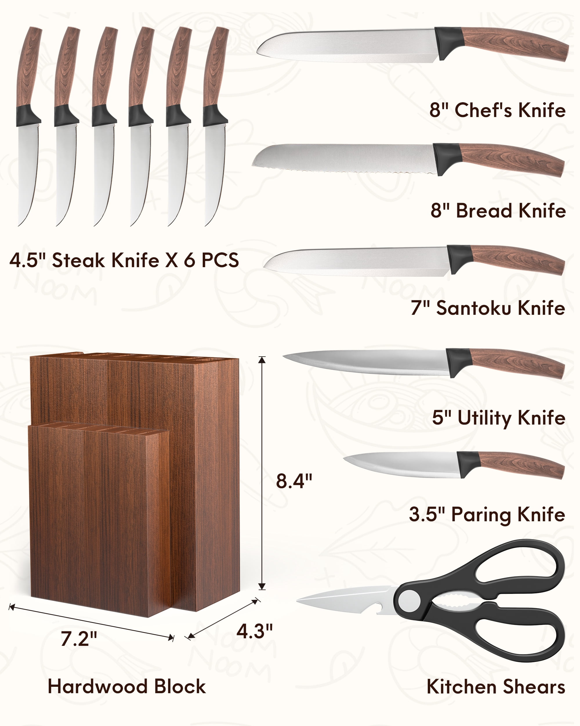 Younghome Knife Set for Kitchen Chef , 13 Pcs High Carbon Stainless Steel Sharp Knife Set with Block Built-in Sharpener,Ergonomic Handle