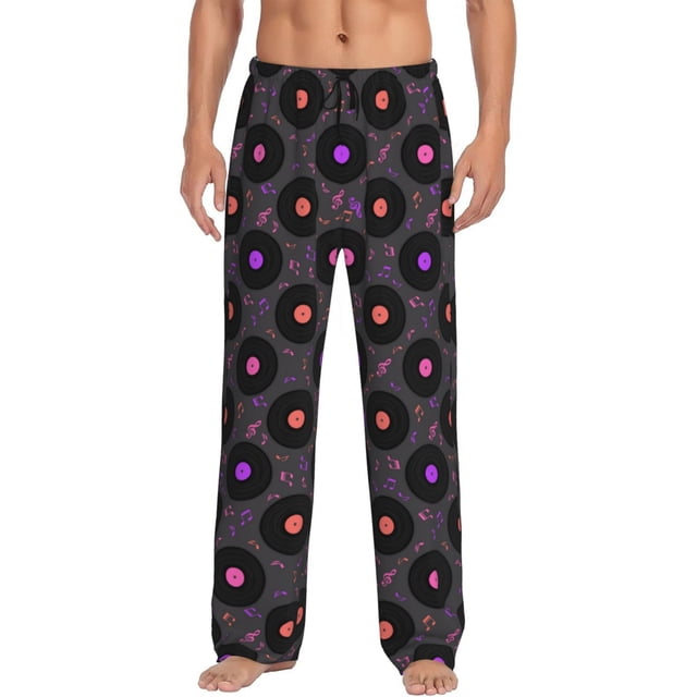 Kdxio Vinyl Records Musical Notes Print Mens Pajama Pants Set Sleep & Lounge Pants, PJ Bottoms with Pockets and Button Fly-XX-Large