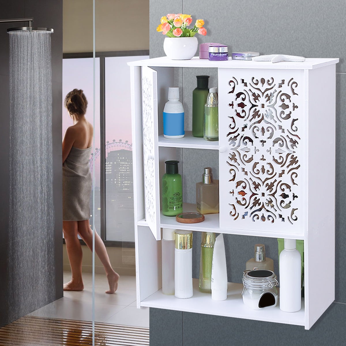 White Wall Mounted Cabinet Bathroom Double Door Vanity Shower Storage