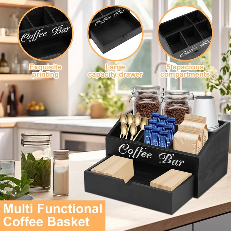 Samhe 5-Compartment Wood Coffee Bar Organizer With Drawer - Countertop Storage For Cups, Pods, Syrups