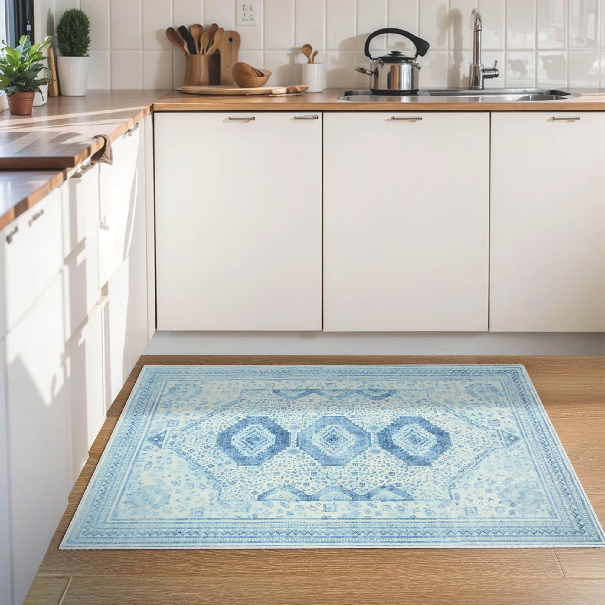 Wondo 2x3 Entryway Area Rug, Washable Area Rug, Rugs for Bedroom, Kitchen Rugs, Vintage Boho Carpet, Soft Non-Slip, Low Pile Area Rug, Blue