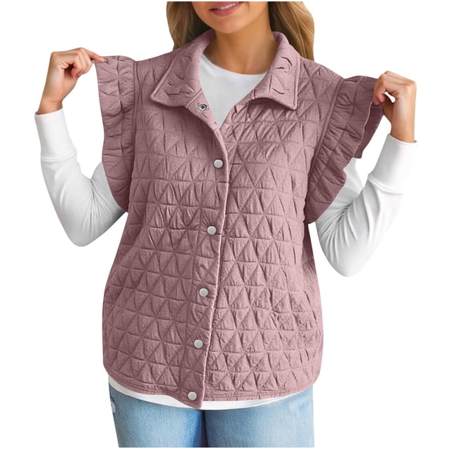 Diufon Womens Ruffle Vest Sleeveless Padded Button Down Lapel Jacket Lightweight Fall Winter Warm Outerwear
