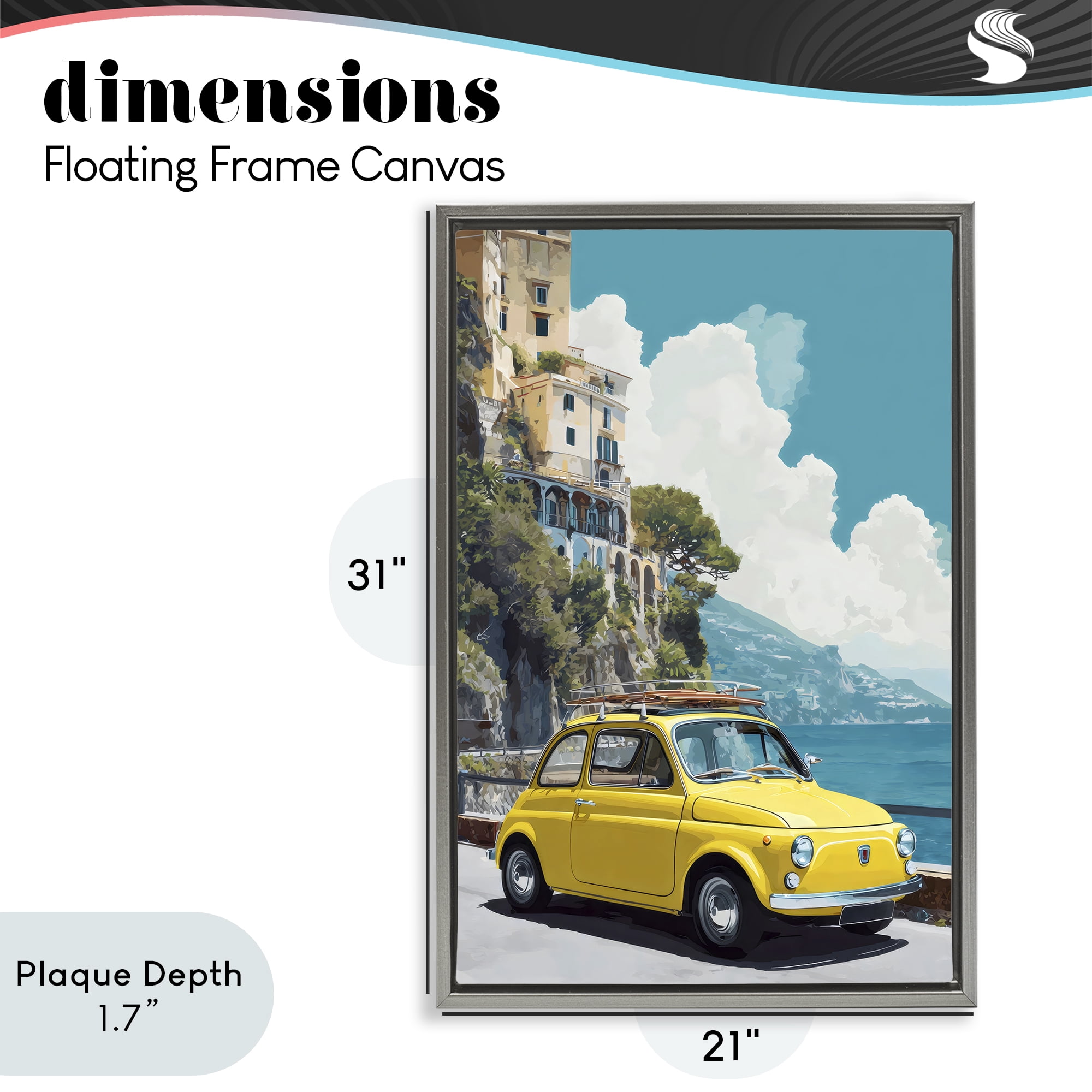 Stupell Industries Yellow Car on Coast Gray Framed Floater Canvas Wall Art, design by Petal Prints Design