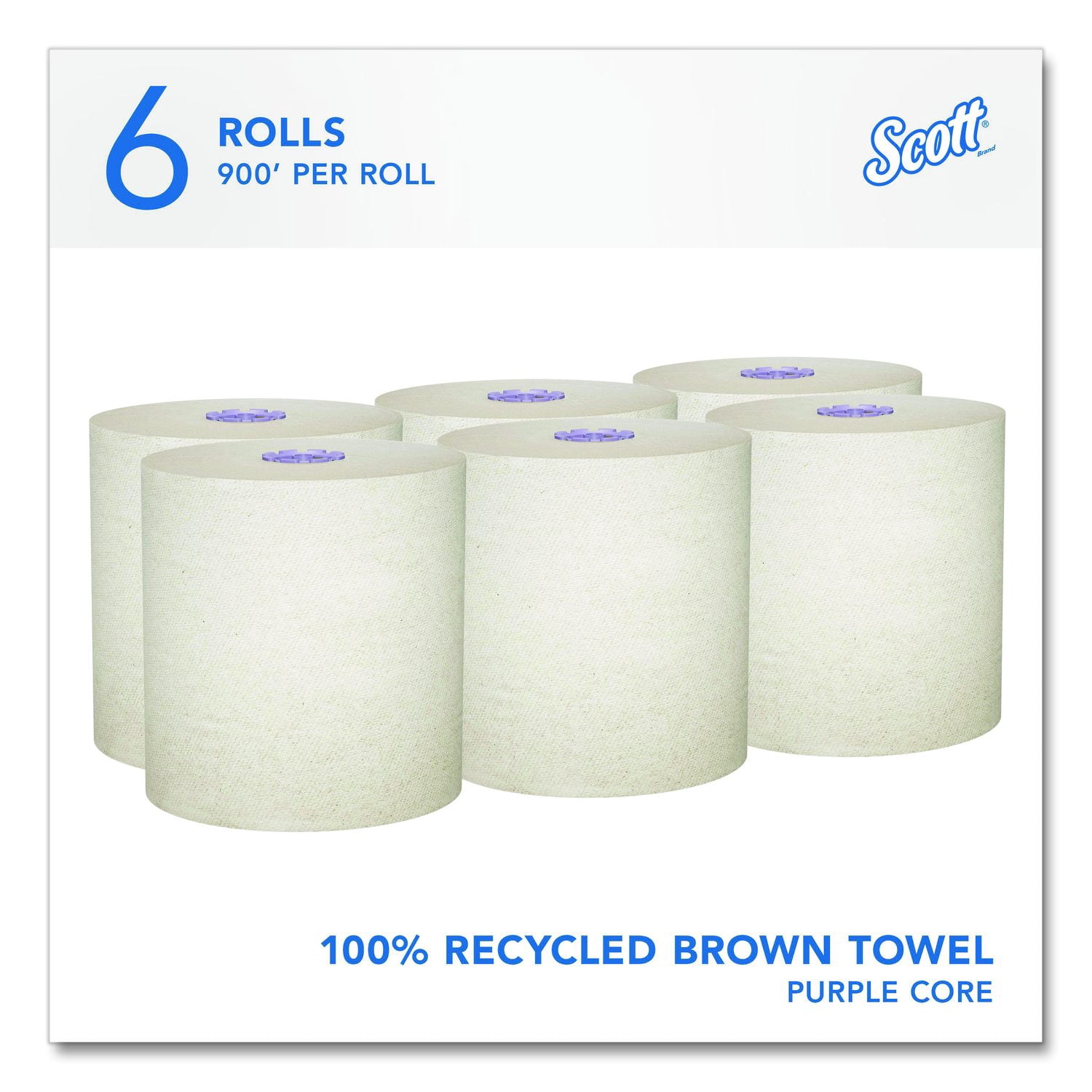 Scott® 100% Recycled Hard Roll Paper Towels, 1-Ply, 8" x 900 ft, Brown, 6/Carton