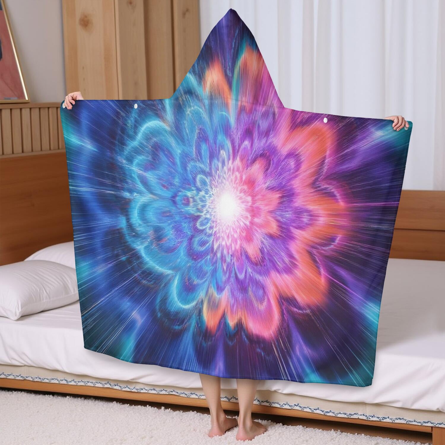 Colorful Tie Dye Burst Flower Pattern Hooded Bath Towel，60"x35" for Ages 3 To 12 Kids, Quick Dry Lightweight Soft Microfiber Hood Beach Towel Cover Up for Kids