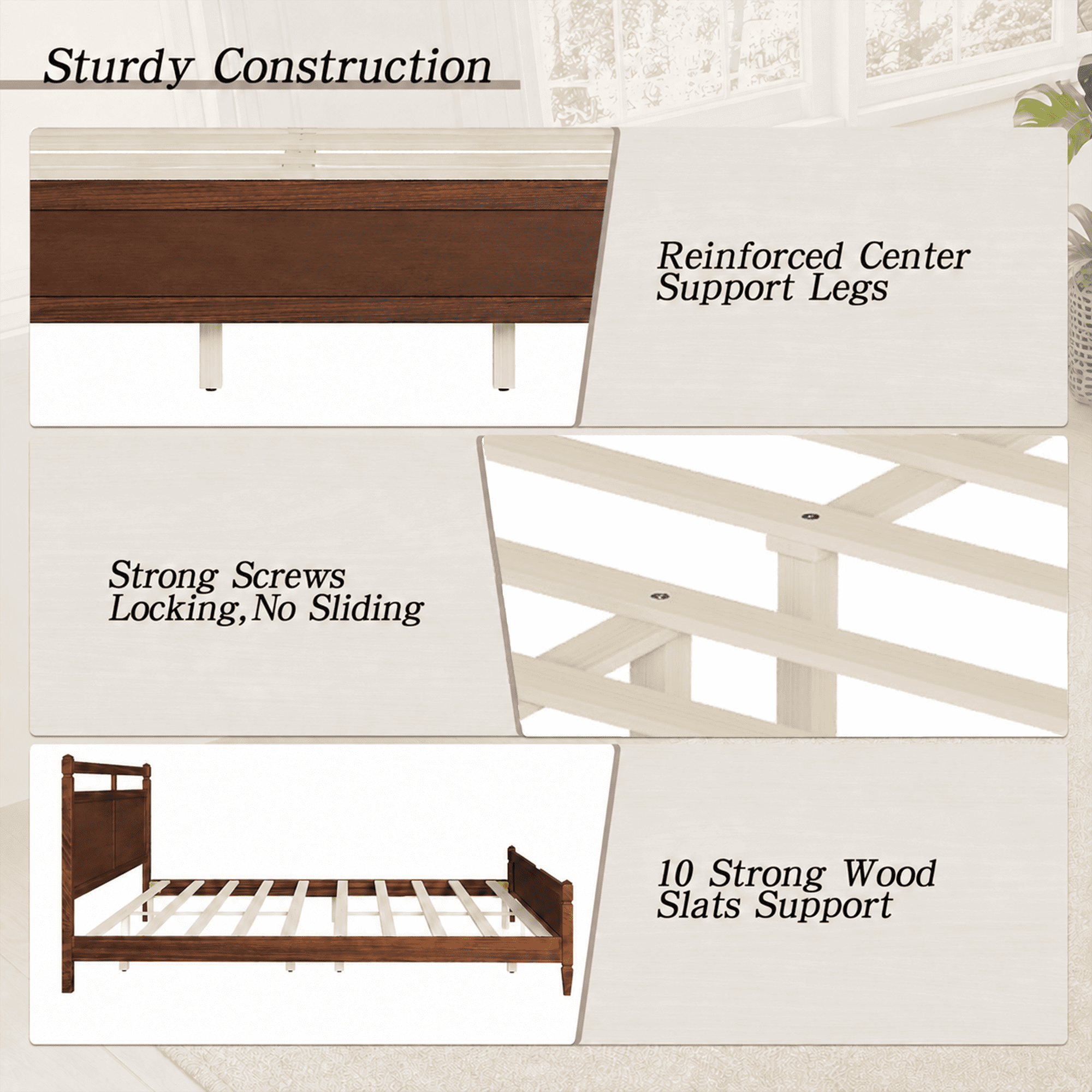 Euroco Modern Wood King Size Platform Bed, Mid-Century Bed Frame with Panel Headboard, No Box Spring Needed, Dark Walnut