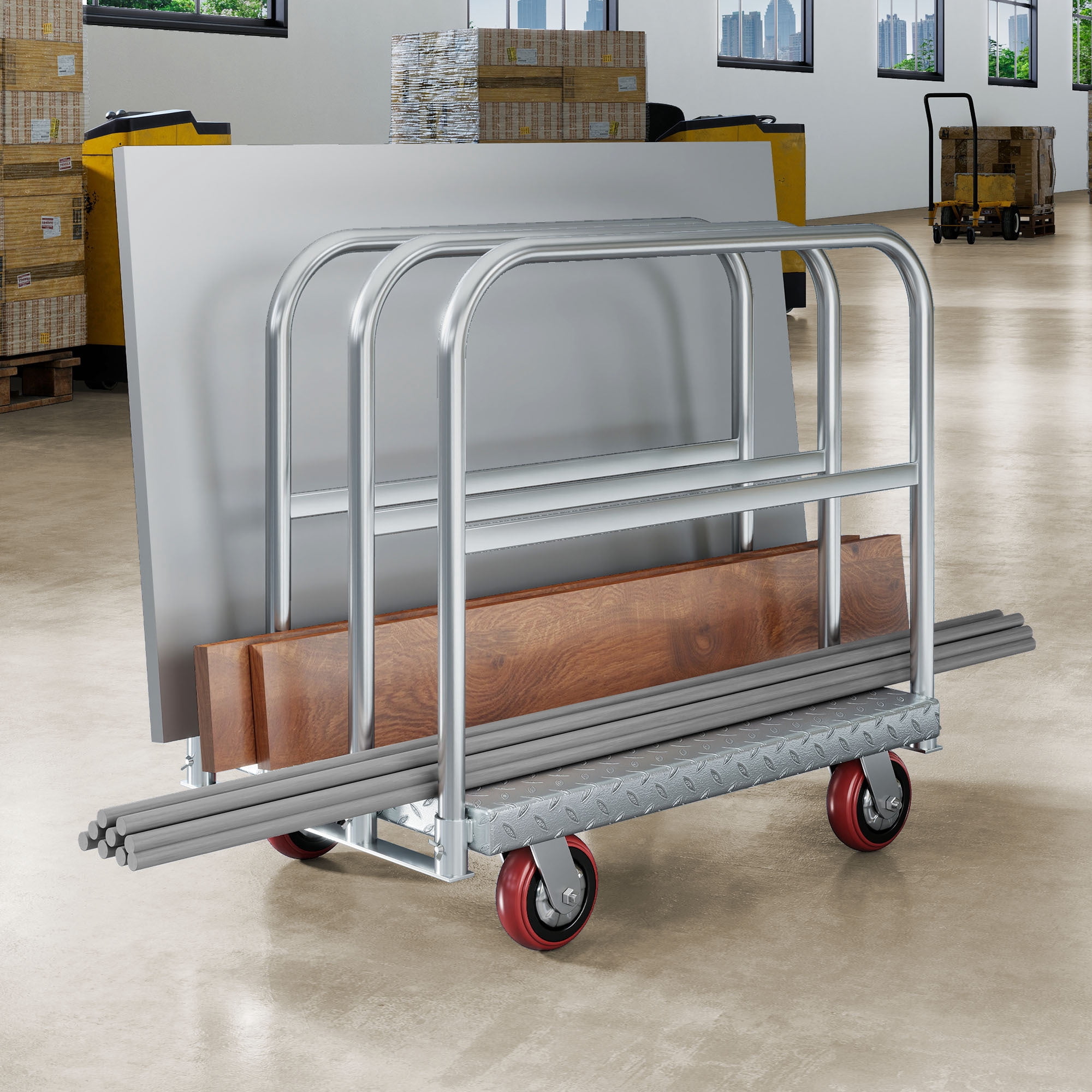 Uforic 2-in-1 Heavy-Duty Panel Cart with 4 Side Handrails and 4 Rubber Swivel, 2200Lbs Capacity, Silver Metal Construction, 91.5×61×84CM
