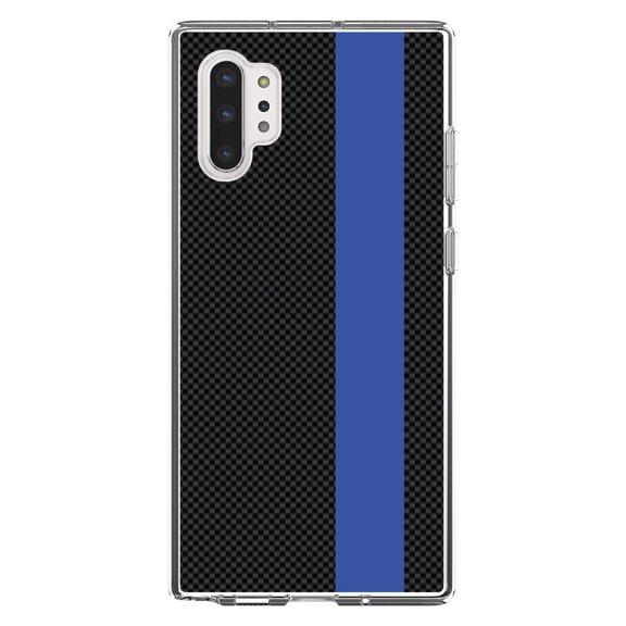 DistinctInk Clear Shockproof Hybrid Case for Galaxy Note 10 PLUS (6.8" Screen) - TPU Bumper, Acrylic Back, Tempered Glass Screen Protector - Thin Blue Line Grey Black Carbon Fiber Print