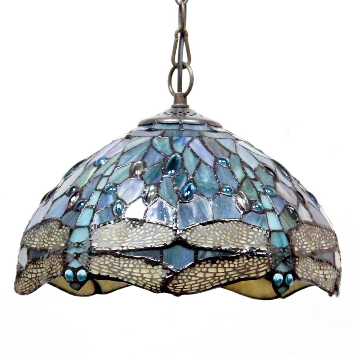 Tiffany Pendant Lighting for Kitchen Island Fixture 12" Sea Blue Stained Glass Dragonfly Farmhouse Rustic Boho Hanging Lamp Industrial LED Chandelier Fixture WERFACTORY Bar Hallway Dining Room Swag